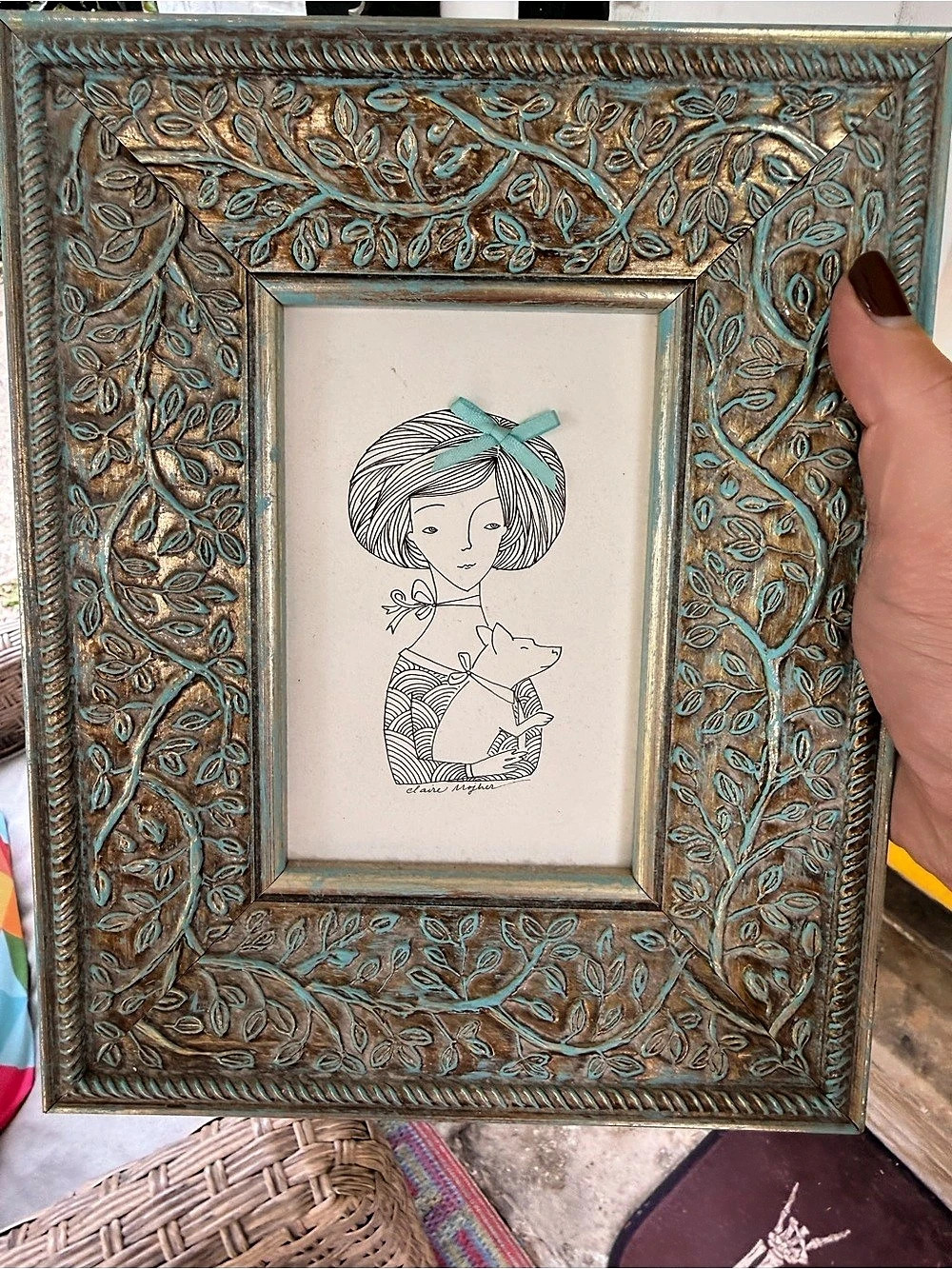 Original Signed Sketch Ornate Blue & Brown Picture Frame Like New